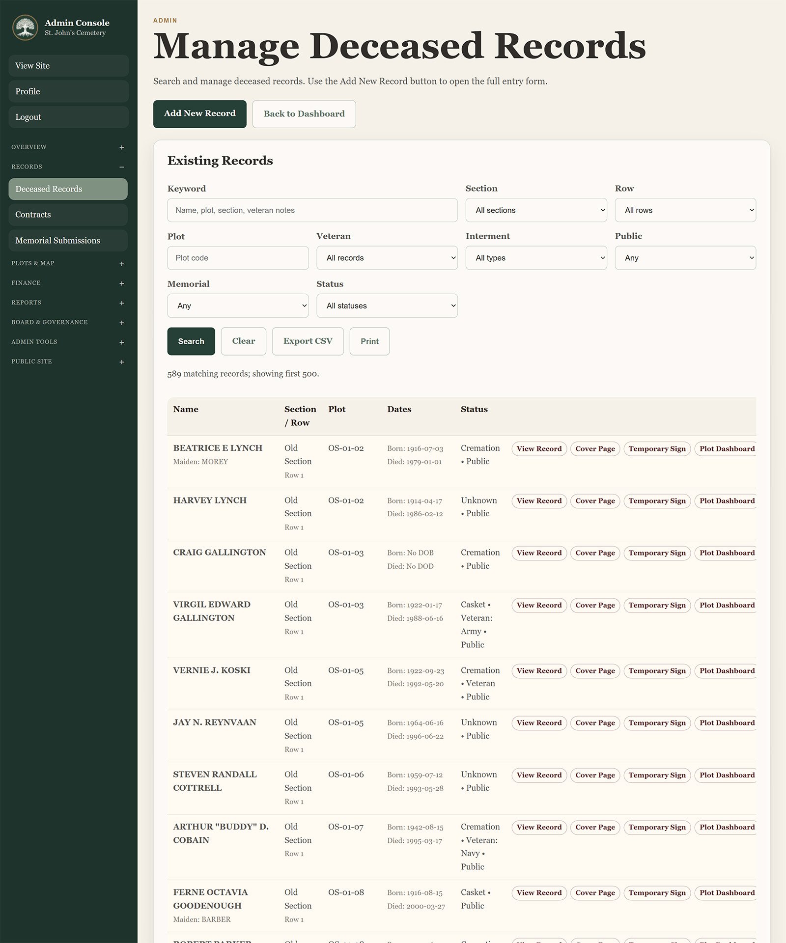 St. John's Cemetery deceased records dashboard page