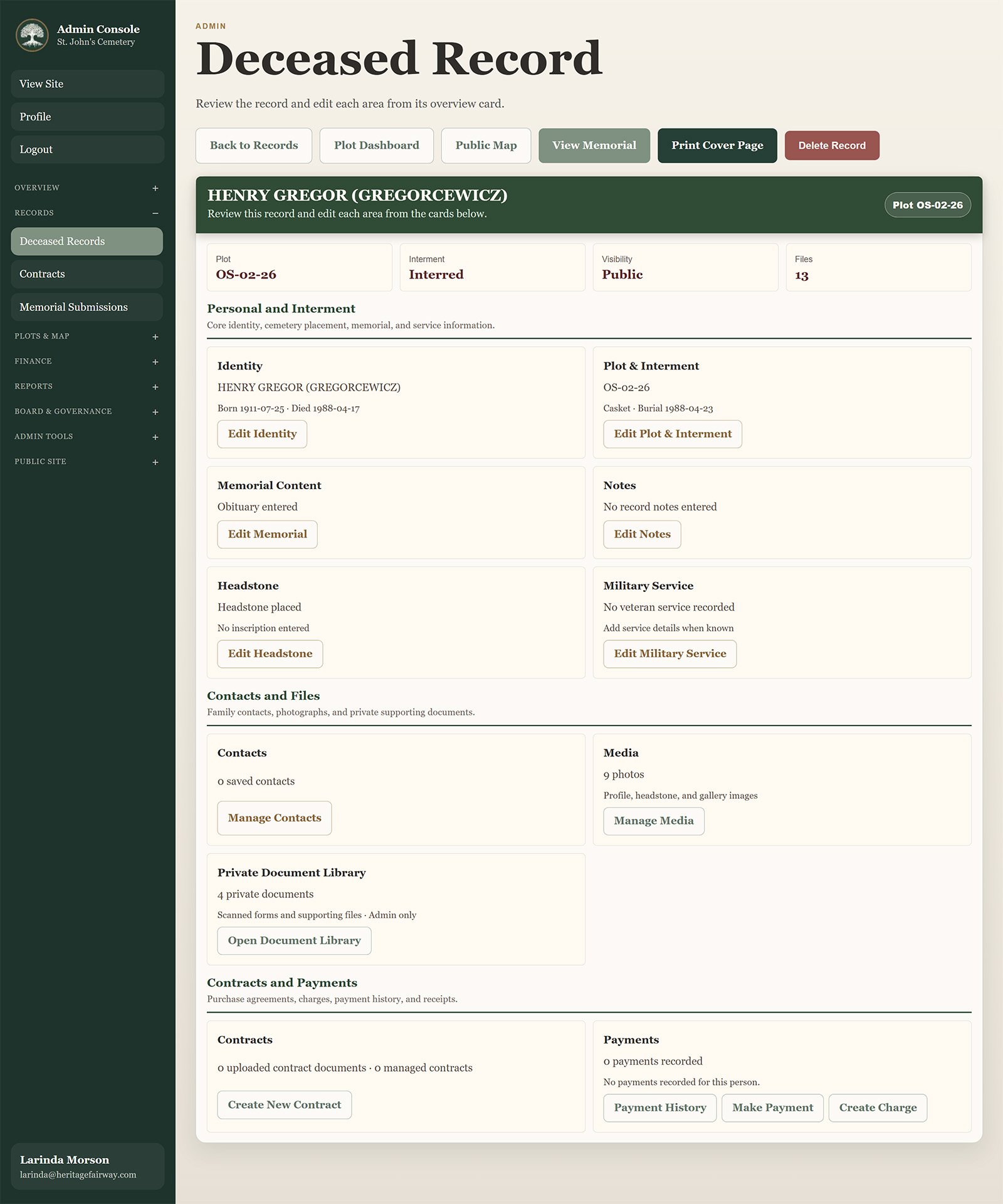 St. John's Cemetery deceased record page